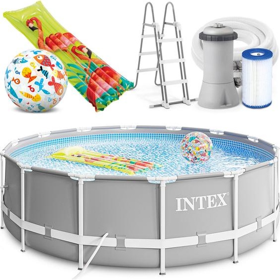 Piscine INTEX Prism Metal Frame 427 x 107 cm - Kit complet comprenant une pompe-filtre, une bâche de protection, une bâche de couverture et une échelle, ainsi que des accessoires supplémentaires tels quun matelas gonflable et un ballon de plage