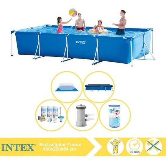 Piscine rectangulaire à cadre Intex - Piscine hors sol - 450 x 220 x 84 cm - Avec auvent, kit dentretien, pompe de piscine, filtre et bâche de protection