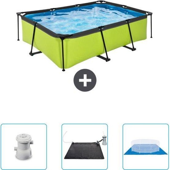 Piscine rectangulaire de couleur vert citron - 220 x 150 x 65 cm - Avec pompe - Panneau solaire - Couverture de sol - Actuellement à prix réduit