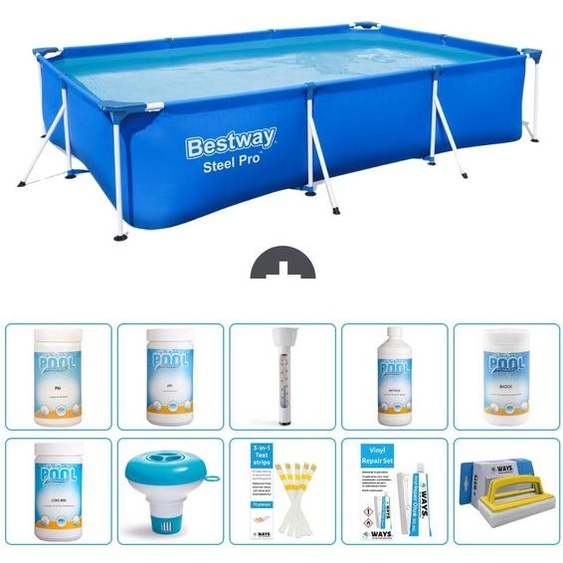 Piscine rectangulaire en acier - 300 x 201 x 66 cm - Bleue - Inclut : générateur de chlore, kits de test, kit de réparation, brosse de nettoyage, appareil de mesure du pH, thermomètre