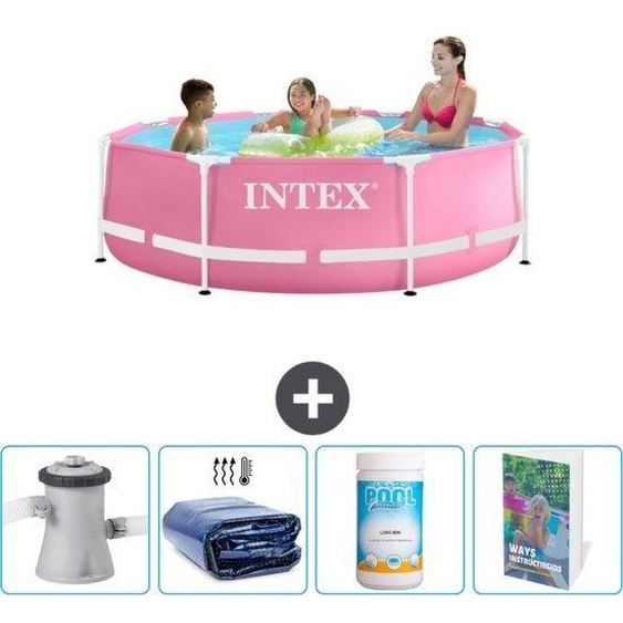 Piscine ronde - 244 x 76 cm - Rose - Contenu de la livraison : pompe-filtre pour piscine - store solaire - chlore - manuel dutilisation de la piscine