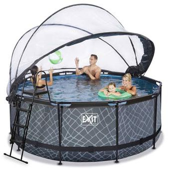 Piscine ronde grise 360x122cm + dôme et pompe filtrante sable