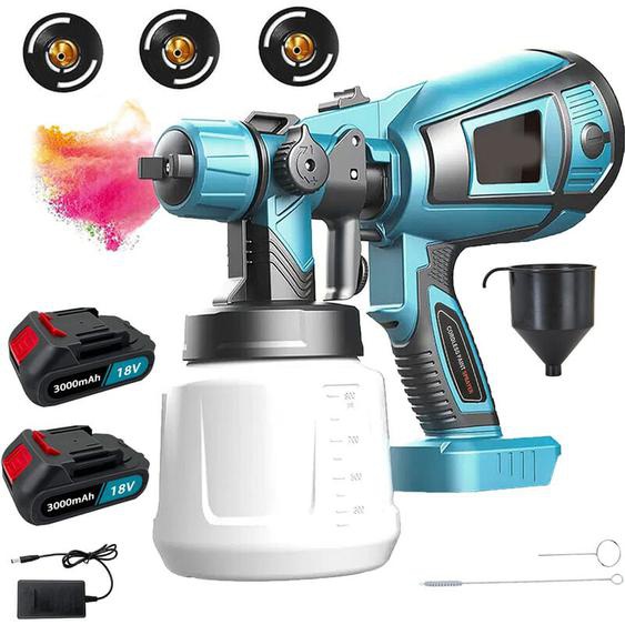 Pistolet à peinture,1000 ml pulvérisateur de peinture sans fil HVLP, pistolet de pulvérisation sans air +2x batterie de 3,0Ah + chargeur -compatible