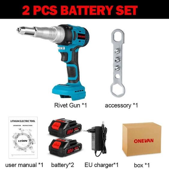 Pistolet à riveter électrique - Riveteuse sans balais à batterie - 2,4–5,0 mm - Automatique - Kit comprenant 2 batteries - Or