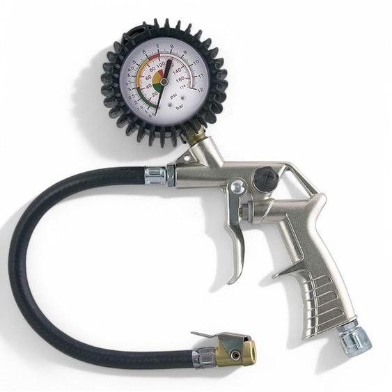 Pistolet de gonflage à air avec tuyau en PVC de 400 mm, corps en aluminium, manomètre de 60 mm (échelle 0-12 bars), levier et bouton de décompression