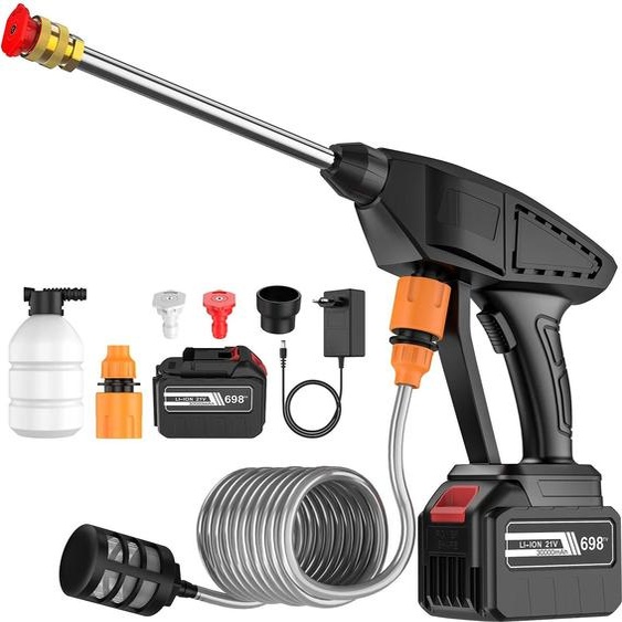 Pistolet de lavage sans fil pour voiture - Nettoyeur haute pression - 60 bars - 30 000 mAh sans batterie - Jet en colonne deau - Avec tuyau  5 m - Plastique technique - Incolore