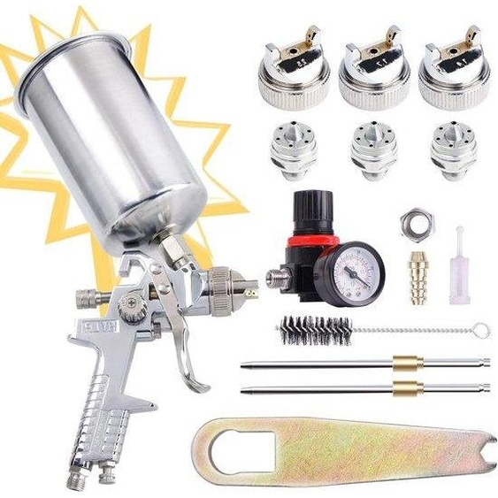 Pistolet de pulvérisation HVLP automatique avec piston en aluminium de 14 mm, 17 mm et 25 mm, 1 000 cm³, régulateur dair, couleur argent.