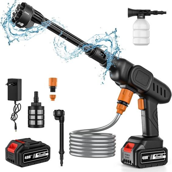 Pistolet nettoyeur haute pression 6 en 1 - Version améliorée - Pulvérisateur de mousse - Sans fil - Batterie 21 V incluse - Haute pression - Pour le nettoyage de la voiture et du jardin