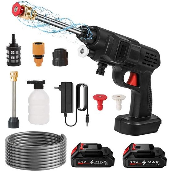 Pistolet nettoyeur haute pression, pression 20 bars, débit deau 5 l/min, 2 batteries, électrique
