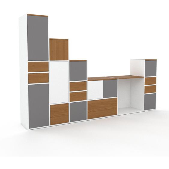 Placard - Blanc, moderne, rangements, avec porte Gris et tiroir Effet chêne - 305 x 195 x 47 cm