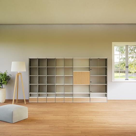 Placard - Blanc, moderne, rangements, avec porte Verre clair transparent et tiroir Effet chêne - 344 x 195 x 34 cm
