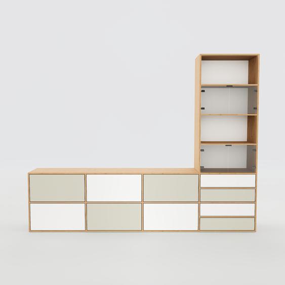 Placard - Blanc, moderne, rangements, avec porte Verre clair transparent et tiroir Taupe - 300 x 233 x 47 cm