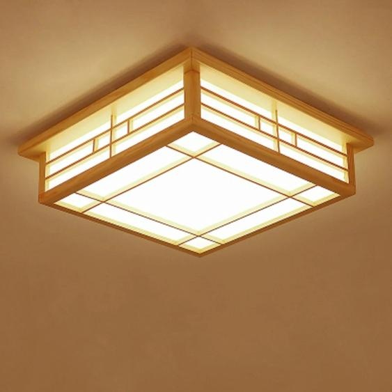 Plafonnier de style japonais, LED 24W, base carrée, bois de pin & PVC, lumière chaude pour chambre à coucher ou salon