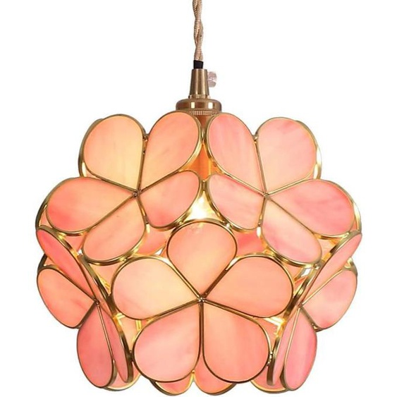 Plafonnier suspendu en verre teinté de style Tiffany à fleurs de cerisier avec abat-jour à pétales de 8 pouces de large