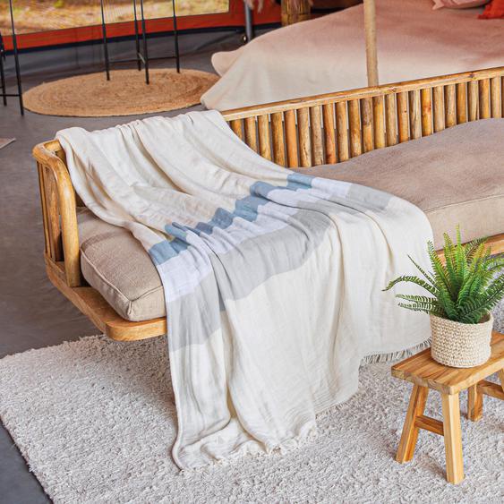 Plaid 125x180 cm LUANDA coton naturel bleu
