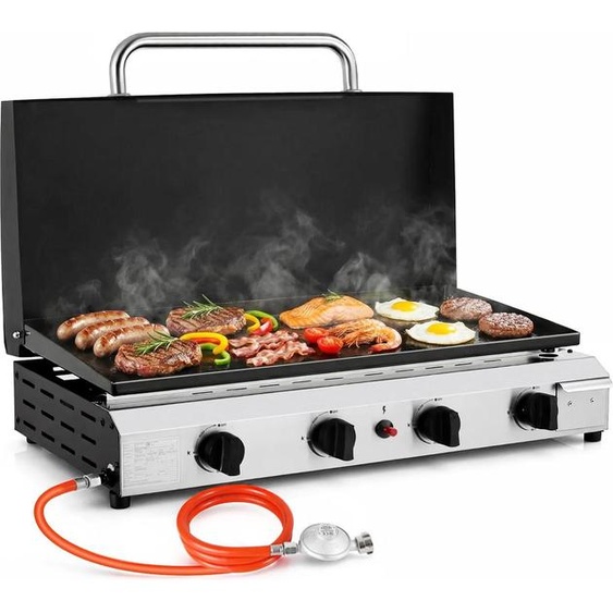 Plancha de table - Barbecue à gaz - 4 brûleurs - Plaque de cuisson plate - Gaz naturel - Allumage piézoélectrique - Avec couvercle - Portable - Blanc