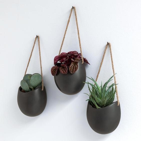 Plantes murales - Jardinières murales - Ellie - | Pots de plantes suspendus en céramique 3 pièces | Décoration murale pour intérieur, balcon et jardin | Noir (mat)