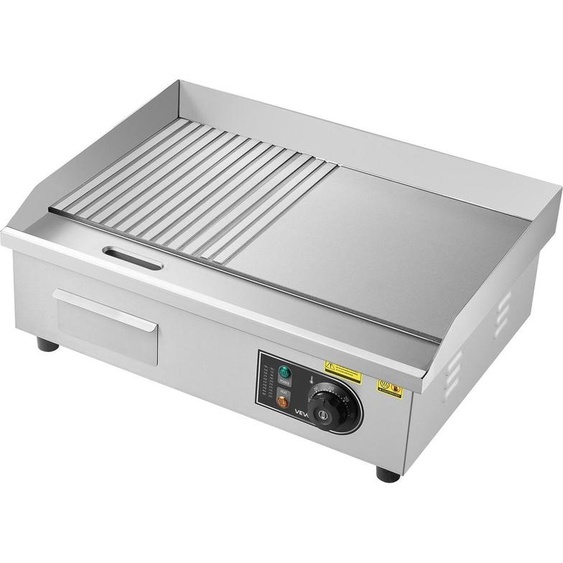 Plaque électrique commerciale, 535 x 300 mm, 3200 W, réglage de température de 50 à 300 °C, corps en acier inoxydable, moitié rainurée, moitié lisse, avec 2 spatules, 2 brosses et 4 patins, pour steaks, crêpes