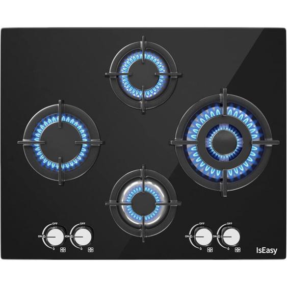 Iseasy - Plaque Gaz 4 Feux, Plaque de Cuisson à Gaz, Plaque à Gaz Avec 4 Foyers à Gaz, Cuisinière Encastrable, Gaz Naturel/Propane (4 Brûleurs)