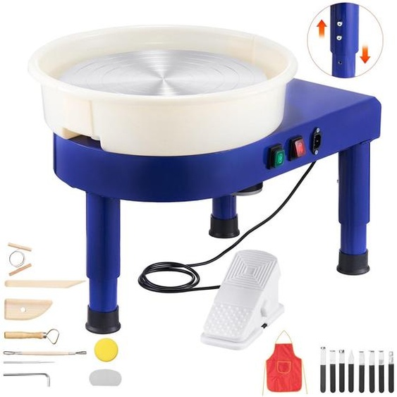 Plaque tournante pour poterie - Tourne-potterie électrique - Moteur de 450 W - Plateau tournant de 35 cm - Vitesse de rotation de 60 à 300 tours par minute avec pédale de- Bassin amovible - Support réglable en hauteur - Couleur : bleu