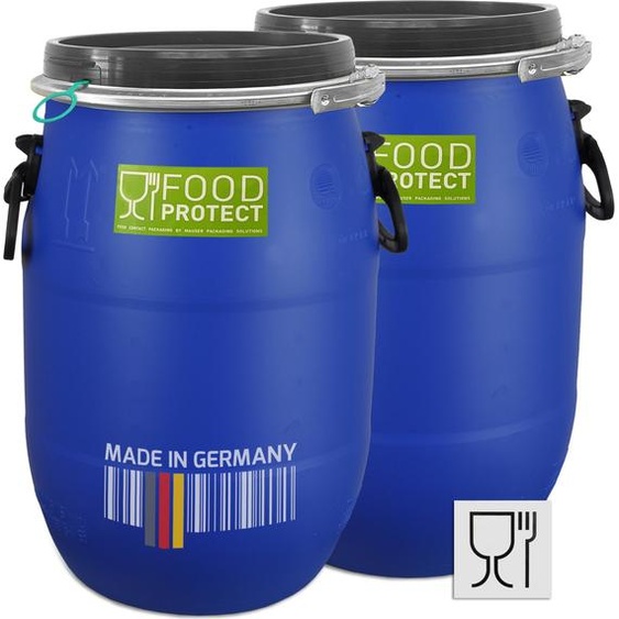 plasteo® 2 fûts à couvercle de 30 litres Fût de stockage à col large Fût de transport Fût en plastique Fût pour aliments à col large Agrément alimentaire + Agrément FDA
