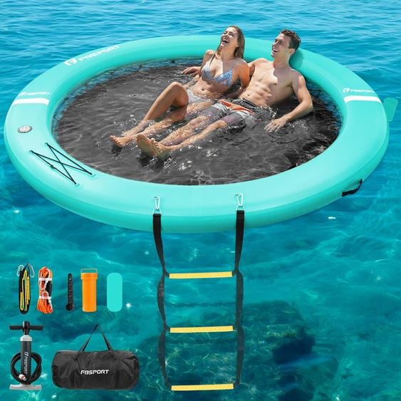 Plate-forme flottante pour plusieurs personnes, avec un espace de baignade circulaire et des porte-gobelets, conçue pour une utilisation durable