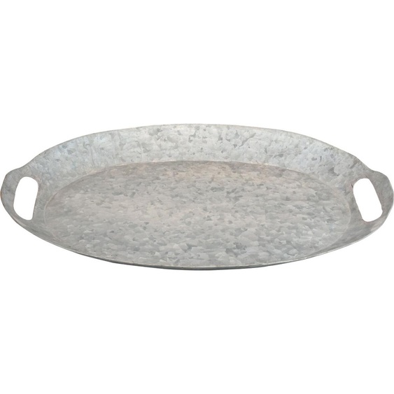 Plateau déco ovale aspect zinc Vintage Shabby Chic métal gris argenté avec poignées 47x34x3 cm pour décoration de table et pots-pourris