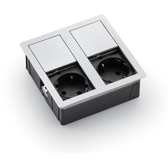 PLAZA 2 élément de prise en acier inoxydable brossé - Schuko double avec couvercle coulissant / Prises de courant