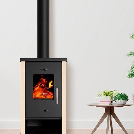Poêle à bois EKO Mini poêle à bois 6,3 kW ivoire acier Ecodesign A+ 82% efficacité