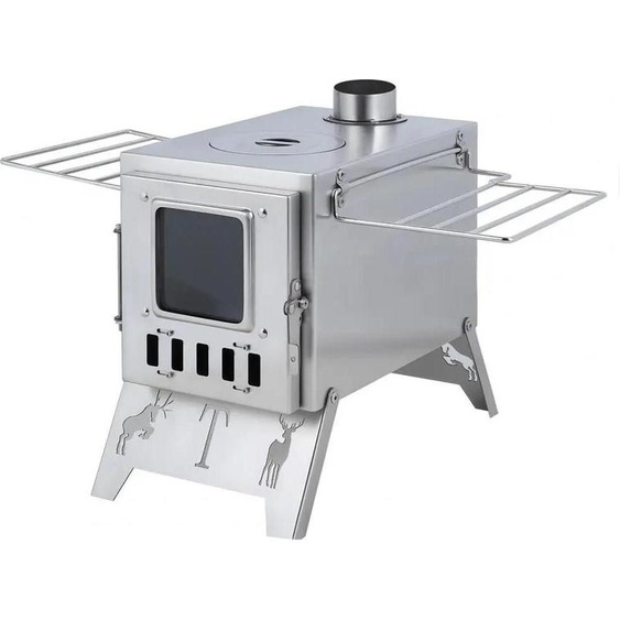 Poêle de camping à bois - Poêle pour tente - Acier inoxydable - 5 tuyaux de fumée - Manuel sans allumage - Pour 3 à 5 personnes - Cuisson et chauffage - Rouge