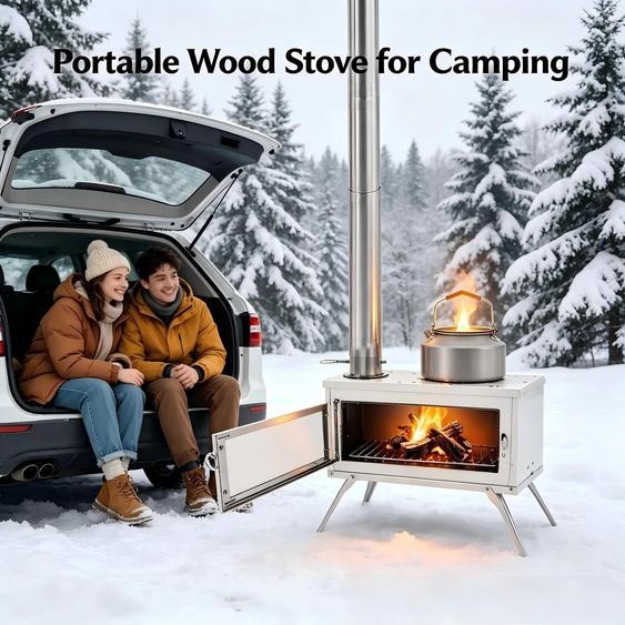 Poêle de camping en acier inoxydable - Poêle à bois portable - Vitre de surveillance - 8 tuyaux de cheminée - Gants - Allume-feu inclus