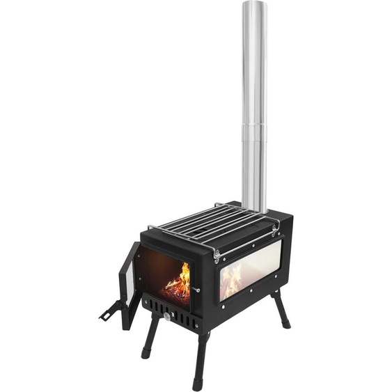 Poêle de camping - Poêle de camping à bois - Tuyau de fumée en 5 parties 1,34 m - Fenêtre de visualisation 800 °C - Dimensions 40×53×34,5 cm - Charge maximale 35–40 kg - Poids 8 kg - Noir