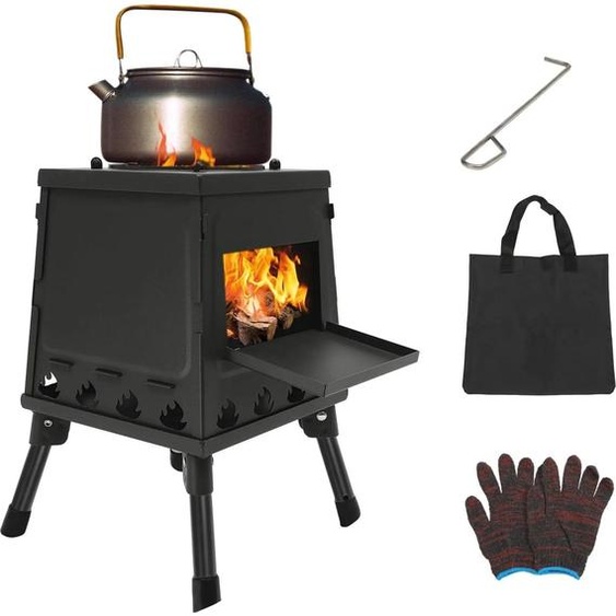 Poêle de camping - Poêle Rocket - Tuyau de poêle - Sac de transport - Réglable - À bois - Noir