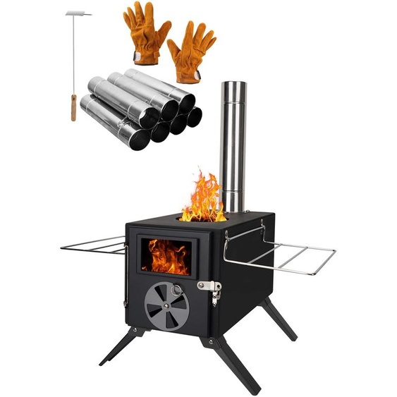 Poêle de camping portable, à bois - Puissance de 3500 watts - Dimensions : 39 x 19 x 30 cm - Acier inoxydable