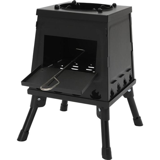 Poêle de camping Zeltofen - Poêle à bois trapézoïdal autonome - Acier au carbone et acier inoxydable - 16 ouvertures daération - Multicombustible bois/charbon - Divisible - Protection antirouille - Noir