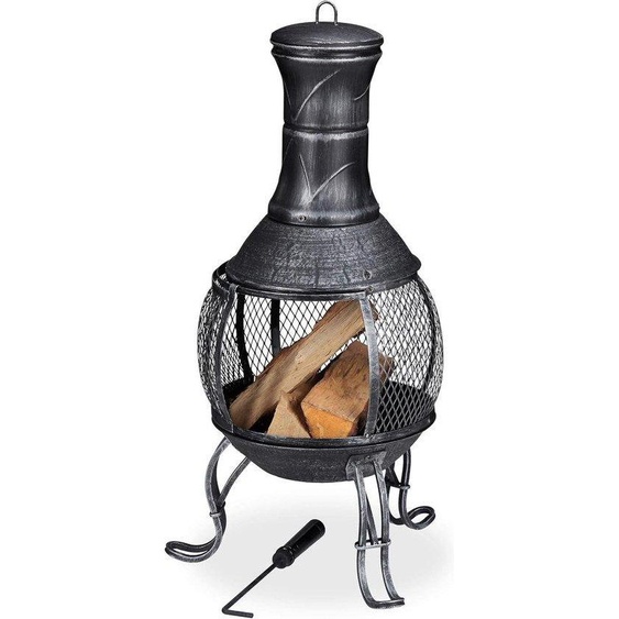 Poêle de jardin ancien avec grill et grille à bois - Pare-étincelles pour le jardin et la terrasse - 89 cm de haut, gris