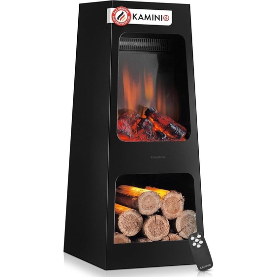 Poêle de jardin électrique Kai - Poêle dextérieur électrique avec chauffage, effet de flamme 3D, compartiment à bois, éclairage dambiance LED, télécommande (grand modèle)