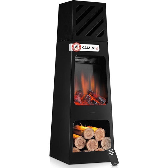 Poêle de jardin électrique Kai - Poêle dextérieur électrique avec chauffage, effet de flamme 3D, compartiment à bois, éclairage dambiance LED, télécommande (grand modèle)