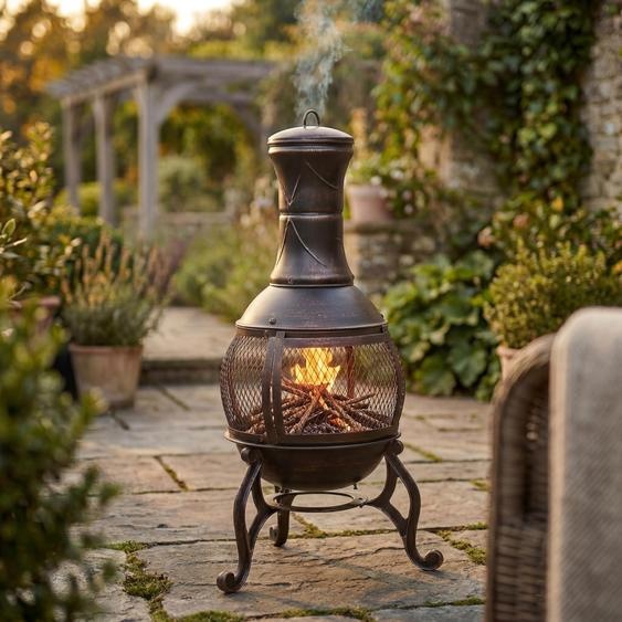 Poêle de jardin ovale, noir et or antique - Radiateur de terrasse en acier - 89 cm de hauteur - Pour lextérieur - Design moderne