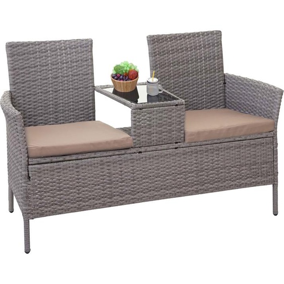 Poly-Rattan Banc avec table HWC-E24, banc de jardin Canapé de jardin, 132cm ~ gris, coussin crème