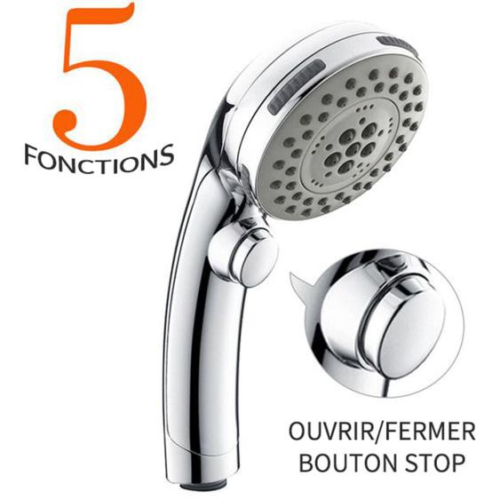 Homelody - Pommeau de Douche Chromé avec Bouton Stop Douchette à Main 5 Jets au Choix Pomme de Douche Picots Anticalaire Type Universel
