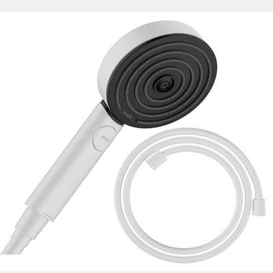 Pommeau de douche Pulsify Select EcoSmart 105 3 jets Relaxation + flexible de douche Designflex 160 cm blanc mat
