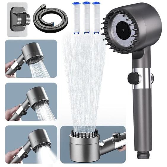 Coavas - Pommeau de Duche Haute Pression,Pommeau de Duche Economie Deau avec Tuyau Douche 1.5M et Support,Salle de Bain Réglable à 4 Modes,Pommeau de