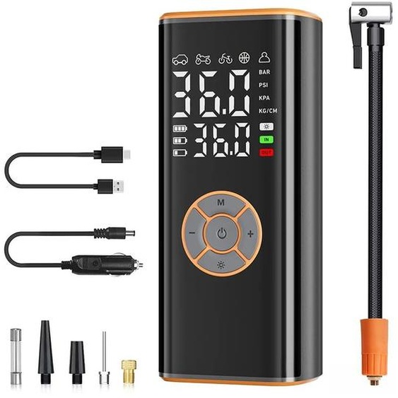 Pompe à air rechargeable - Compresseur de pneus numérique - Sans fil - Portable - Pour voiture, vélo et moto - Noir