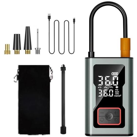 Pompe à air sans fil - Compresseur portable - 150 psi - Lumière LED - Pour voiture, moto et vélo - Gris