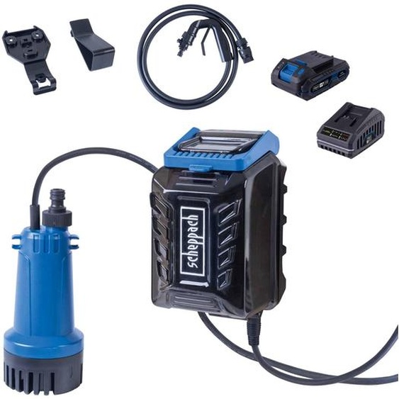 Pompe à batterie pour citerne deau de pluie Scheppach C-RBP2000-X - 20 V IXES | Pression de refoulement de 2,0 bars | Batterie 2 Ah et chargeur 2,4 A inclus