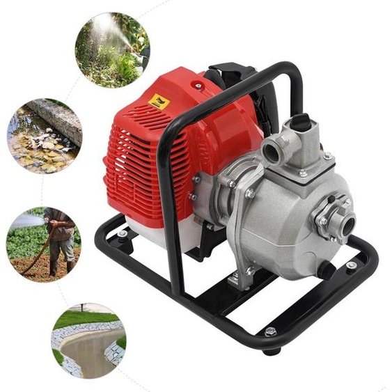 Pompe à eau à essence - Pompe de jardin - Monocylindre 2 temps - 1,25 kW 43 cm³ - 8500 tr/min - 25:1 essence/huile - refroidissement par air avec ventilateur - montage au sol - rouge/noir