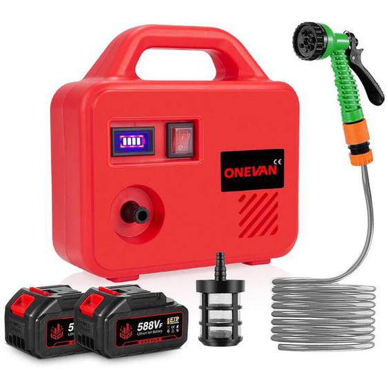 Onevan - Pompe à eau sans fil , Pompe de surface, Avec Tuyau 10M Tuyau Dentrée Deau 3M 6 Modes Pulvérisation,Avec deux batteries