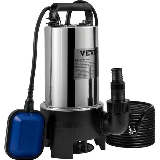 Pompe à eau submersible, 1100 W, 20 000 L/H, avec cordon de 10 m et interrupteur à flotteur automatique, en acier inoxydable portable pour eaux sales ou propres, drainage des inondations, vidange des bassins de jardin, piscines, jacuzzis