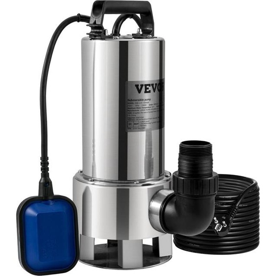 Pompe à eau submersible, 1300 W, 20 000 L/h, avec cordon de 10 m et interrupteur à flotteur automatique, en acier inoxydable et fonte, pour bassins de jardin vides, propres ou sales, piscines, jacuzzis